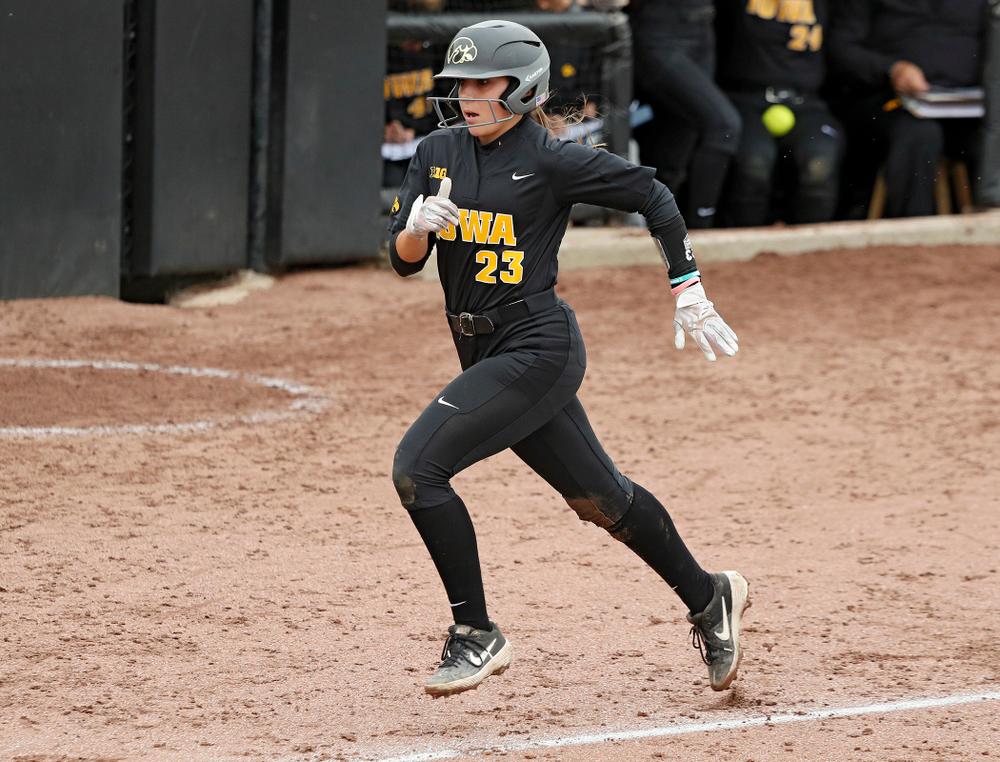 Iowa’s Alex Rath (23) runs home and scores a run during the fourth inning of their game against Iowa Softball vs Indian Hills Community College at Pearl Field in Iowa City on Sunday, Oct 6, 2019. (Stephen Mally/hawkeyesports.com)