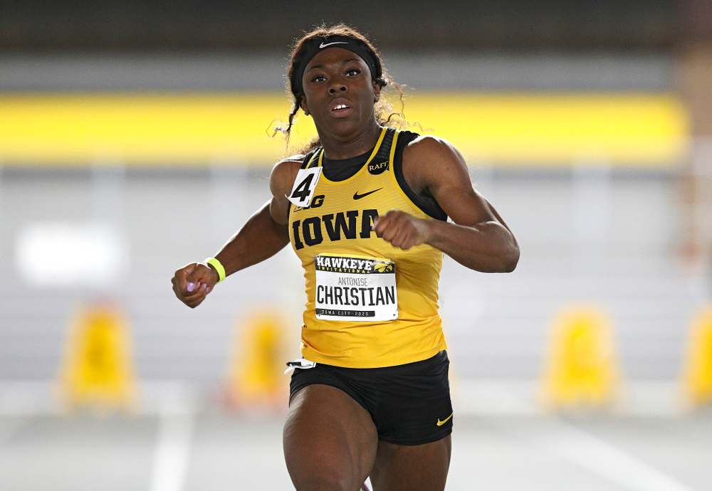 Iowa’s Antonise Christian runs in the women’s 60 meter dash prelim event during the Hawkeye Invitational at the Recreation Building in Iowa City on Saturday, January 11, 2020. (Stephen Mally/hawkeyesports.com)