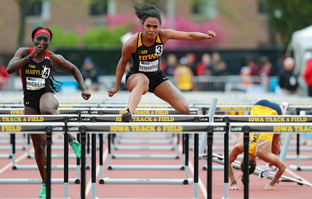 Iowa's Tria Simmons runs the women’s 100 meter hurdles event on the second day of the Big Ten Outdoor Track and Field Championships at Francis X. Cretzmeyer Track in Iowa City on Saturday, May. 11, 2019. (Stephen Mally/hawkeyesports.com)
