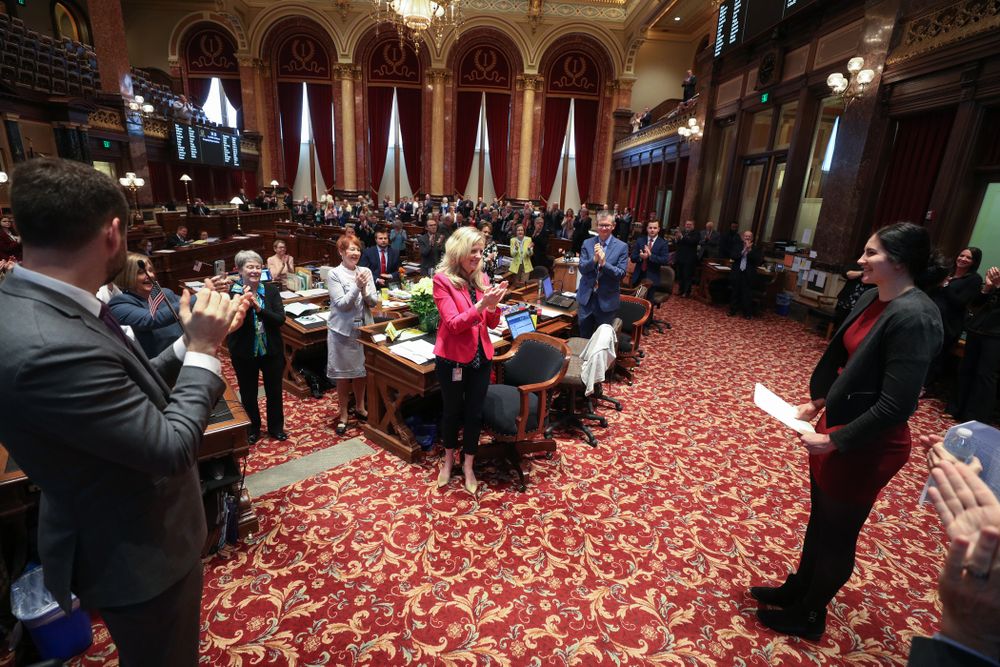 Iowa’s Megan Gustafson shakes hands with state senator Zach Wahls after being recognized with a resolution in the senate chamber at the Iowa State Capitol Wednesday, April 24, 2019 in Des Moines. (Brian Ray/hawkeyesports.com)