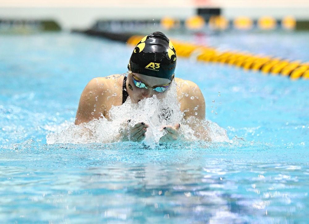 Iowa’s Aleksndra Olesiak swims the breaststroke section of the women’s 400 yard medley relay event during the 2020 Women’s Big Ten Swimming and Diving Championships at the Campus Recreation and Wellness Center in Iowa City on Thursday, February 20, 2020. (Stephen Mally/hawkeyesports.com)