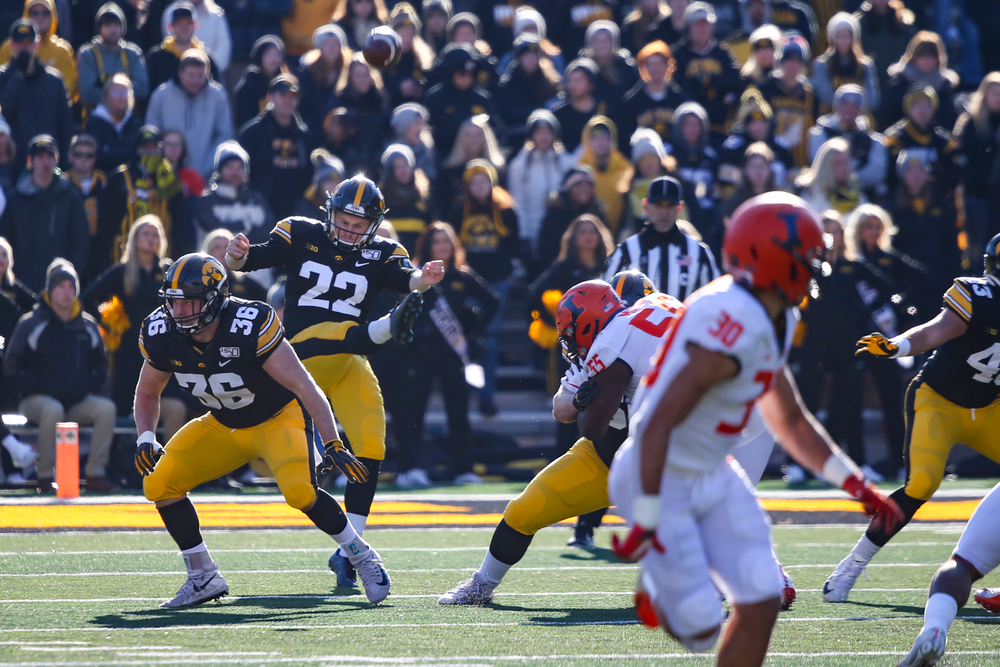 Iowa Hawkeyes punter Michael Sleep-Dalton (22) during Iowa football vs Illinois on Saturday, November 23, 2019 at Kinnick Stadium. (Lily Smith/hawkeyesports.com)