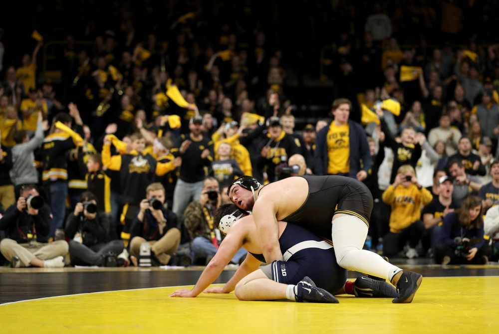 Iowa’s Tony Cassioppi wrestles Penn State’s Seth Nevills at heavyweight Friday, January 31, 2020 at Carver-Hawkeye Arena. Cassioppi won the match 6-0. (Brian Ray/hawkeyesports.com)