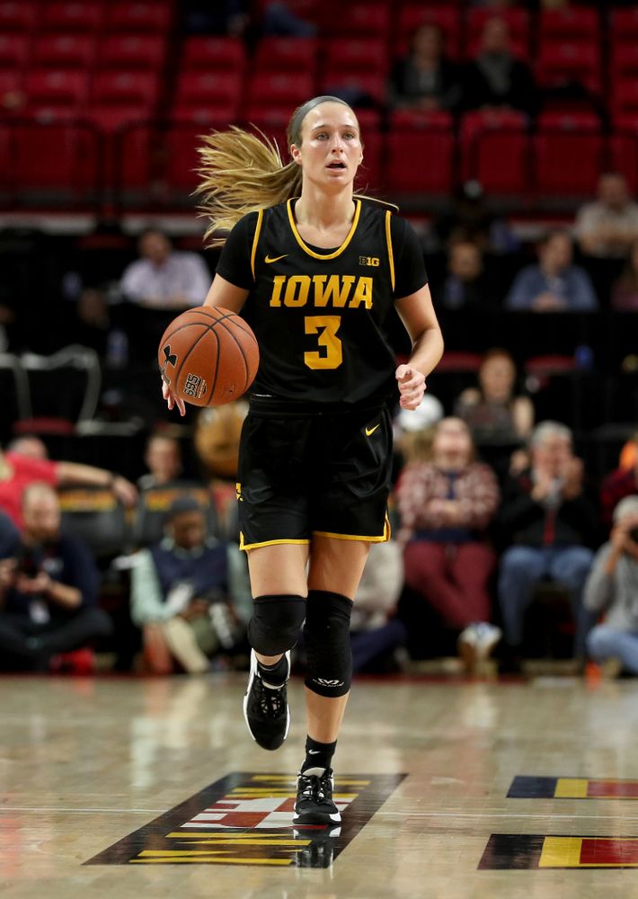 Iowa Hawkeyes guard Makenzie Meyer (3) against the Maryland Terrapins Thursday, February 13, 2020 at the Xfinity Center in College Park, MD. (Brian Ray/hawkeyesports.com)