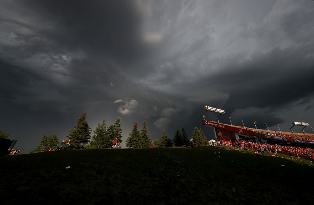 The sky begins to clear over Jack Trice Stadium during a weather delay in the Iowa Hawkeyes game against the Iowa State Cyclones Saturday, September 14, 2019 in Ames, Iowa. (Brian Ray/hawkeyesports.com)