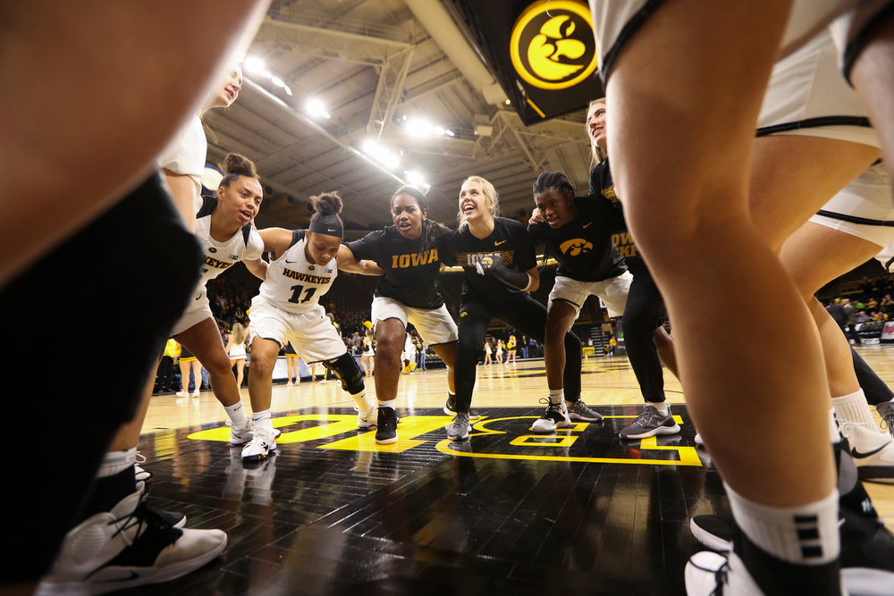 The Iowa Hawkeyes women's basketball team huddles up before a game against North Carolina Central at Carver-Hawkeye Arena on November 17, 2018. (Tork Mason/hawkeyesports.com)