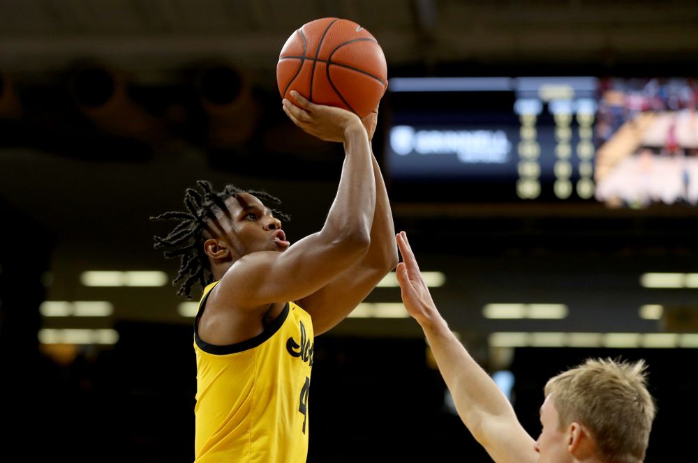 Iowa Hawkeyes guard Bakari Evelyn (4) against the Nebraska Cornhuskers Saturday, February 8, 2020 at Carver-Hawkeye Arena. (Brian Ray/hawkeyesports.com)