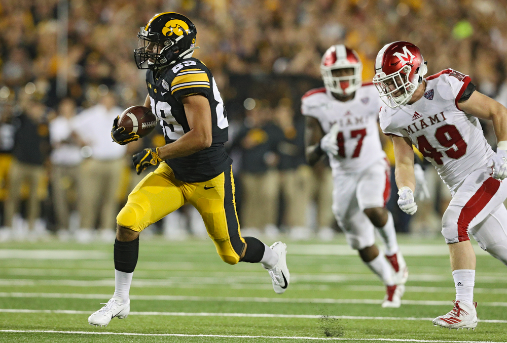 Iowa Hawkeyes wide receiver Nico Ragaini (89) runs down field after catching a pass during the third quarter of their game at Kinnick Stadium in Iowa City on Saturday, Aug 31, 2019. (Stephen Mally/hawkeyesports.com)