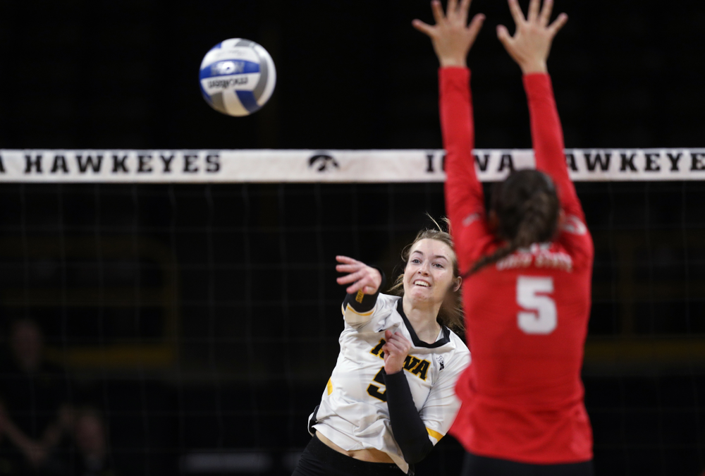 Iowa Hawkeyes outside hitter Meghan Buzzerio (5) against the Ohio State Buckeyes Saturday, November 24, 2018 at Carver-Hawkeye Arena. (Brian Ray/hawkeyesports.com)