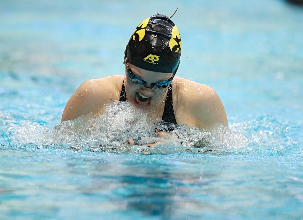 Iowa’s Lexi Horner swims in the women’s 200 yard breaststroke preliminary event during the 2020 Women’s Big Ten Swimming and Diving Championships at the Campus Recreation and Wellness Center in Iowa City on Saturday, February 22, 2020. (Stephen Mally/hawkeyesports.com)