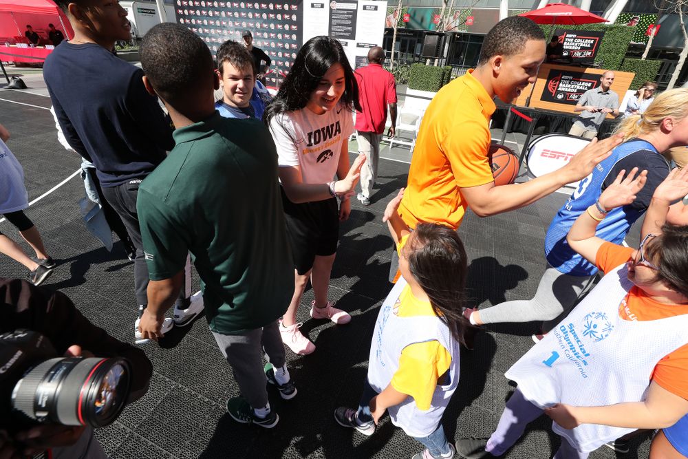 Iowa Hawkeyes forward Megan Gustafson (10) during a Special Olympics event Friday, April 12, 2019 as part of the ESPN College Basketball Awards in the XBOX Plaza at LA Live. (Brian Ray/hawkeyesports.com)