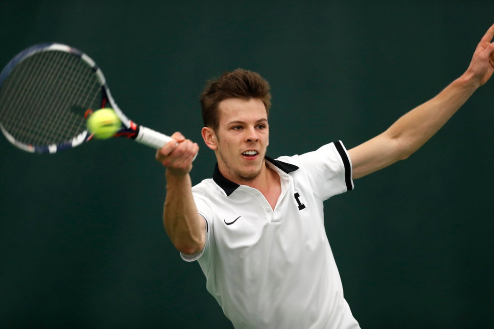 Piotr Smietana against Purdue Sunday, April 15, 2018 at the Hawkeye Tennis and Recreation Center. (Brian Ray/hawkeyesports.com)
