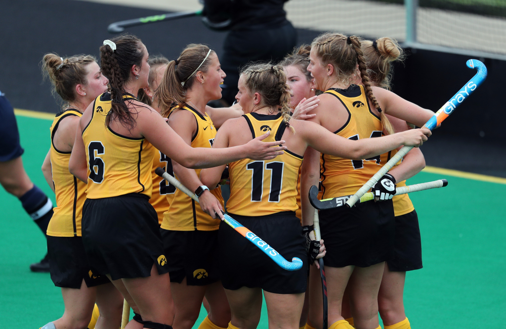 Iowa Hawkeyes Lokke Stribos (14) celebrates a goal with her teammates against Columbia Sunday, September 8, 2019 at Grant Field. (Brian Ray/hawkeyesports.com)