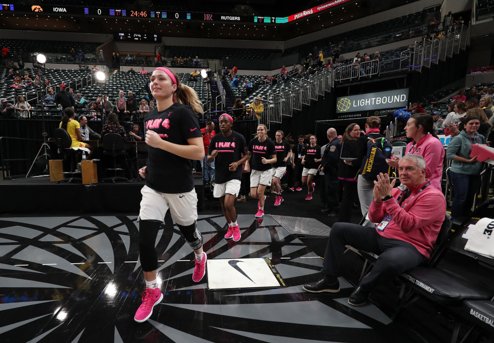 Iowa Hawkeyes guard Makenzie Meyer (3) against the Rutgers Scarlet Knights in the semi-finals of the Big Ten Tournament Saturday, March 9, 2019 at Bankers Life Fieldhouse in Indianapolis, Ind. (Brian Ray/hawkeyesports.com)