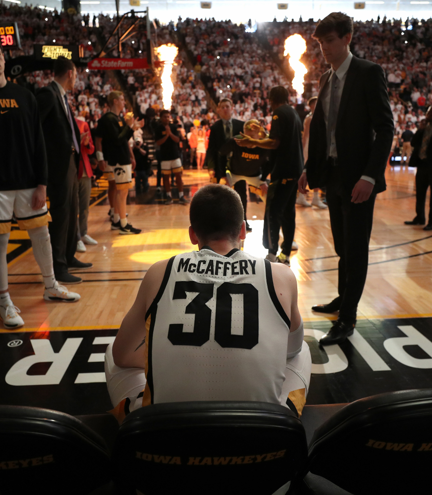 Iowa Hawkeyes guard Connor McCaffery (30) is introduced before their game against the Illinois Fighting Illini Sunday, February 2, 2020 at Carver-Hawkeye Arena. (Brian Ray/hawkeyesports.com)