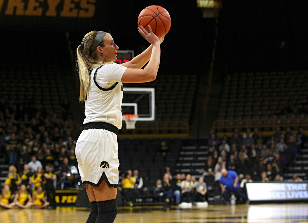 Iowa guard Makenzie Meyer (3) make a 3-pointer during overtime in their win against Princeton at Carver-Hawkeye Arena in Iowa City on Wednesday, Nov 20, 2019. (Stephen Mally/hawkeyesports.com)