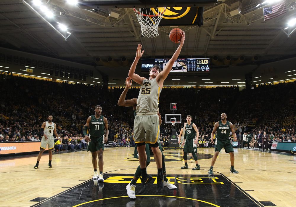 Iowa Hawkeyes forward Luka Garza (55) against the Michigan State Spartans Thursday, January 24, 2019 at Carver-Hawkeye Arena. (Brian Ray/hawkeyesports.com)