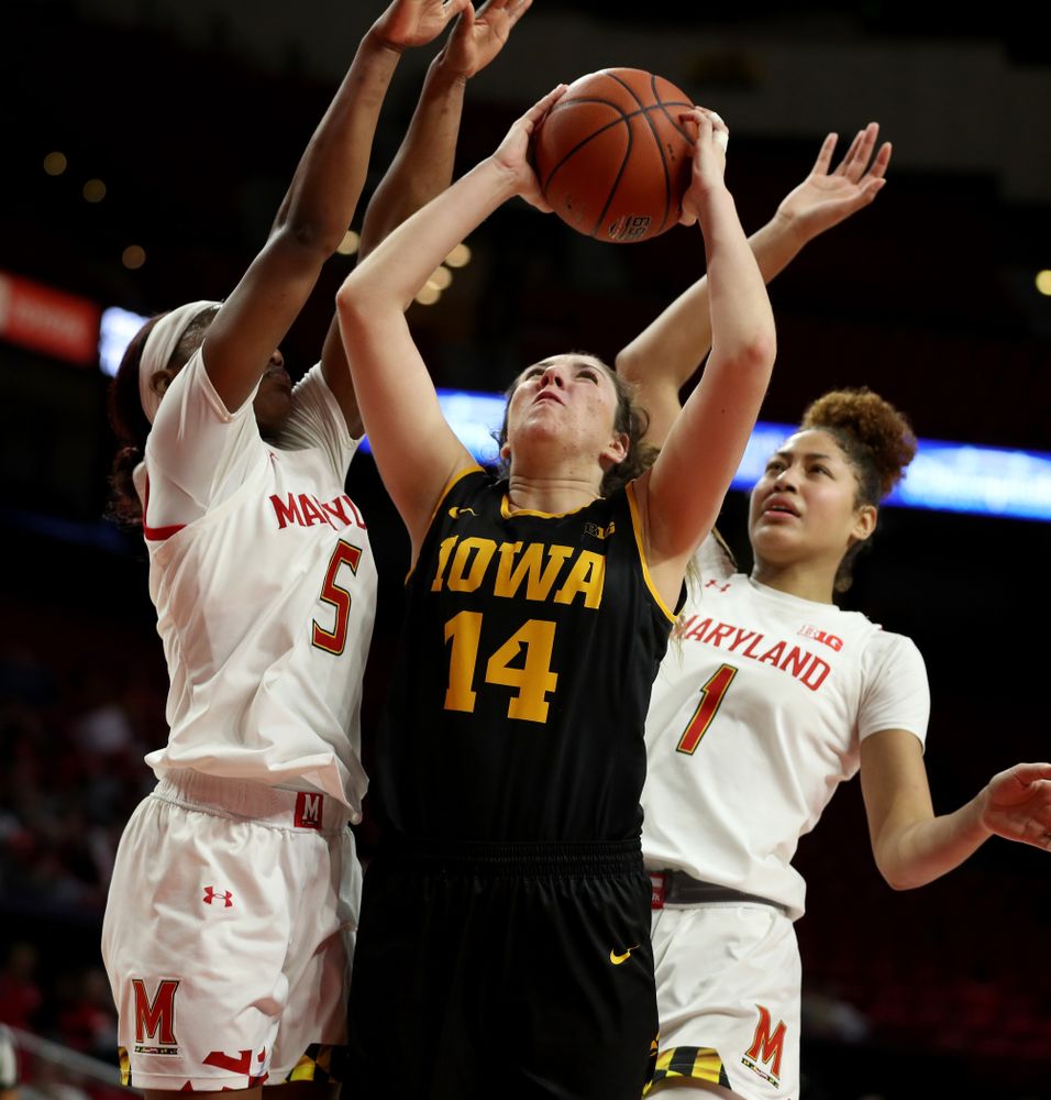 Iowa Hawkeyes forward McKenna Warnock (14) against the Maryland Terrapins Thursday, February 13, 2020 at the Xfinity Center in College Park, MD. (Brian Ray/hawkeyesports.com)