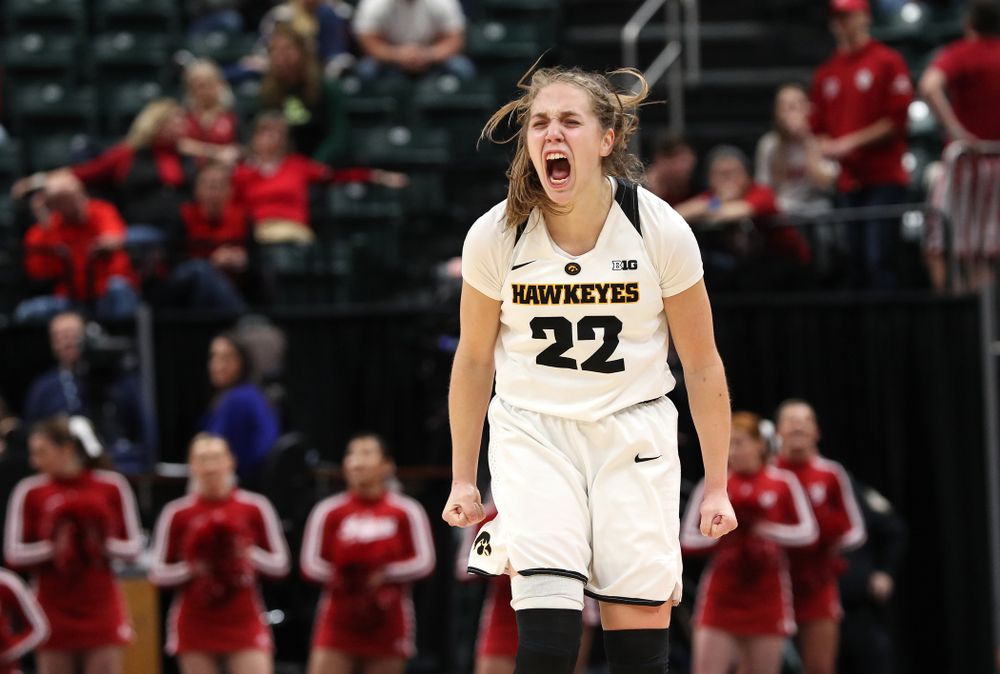 Iowa Hawkeyes guard Kathleen Doyle (22) against the Indiana Hoosiers in the quarterfinals of the Big Ten Tournament Friday, March 8, 2019 at Bankers Life Fieldhouse in Indianapolis, Ind. (Brian Ray/hawkeyesports.com)
