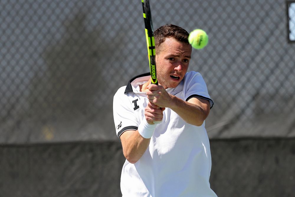 Iowa's Kareem Allaf during his match against Michigan at the Hawkeye Tennis and Recreation Complex in Iowa City on Sunday, Apr. 21, 2019. (Stephen Mally/hawkeyesports.com)