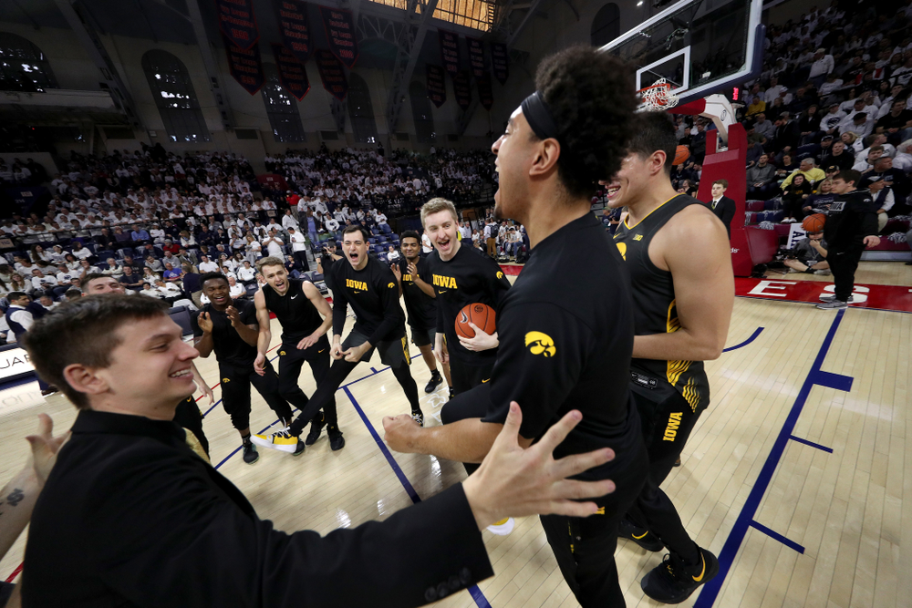 The Iowa Hawkeyes get pumped up for their game against Penn State Saturday, January 4, 2020 at the Palestra in Philadelphia. (Brian Ray/hawkeyesports.com)