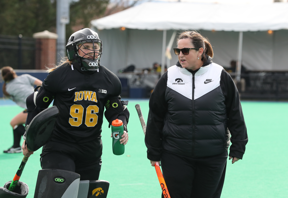 Iowa Hawkeyes goaltender Leslie Speight (96) and head coach Lisa Cellucci against Penn State in the 2019 Big Ten Field Hockey Tournament Championship Game Sunday, November 10, 2019 in State College. (Brian Ray/hawkeyesports.com)