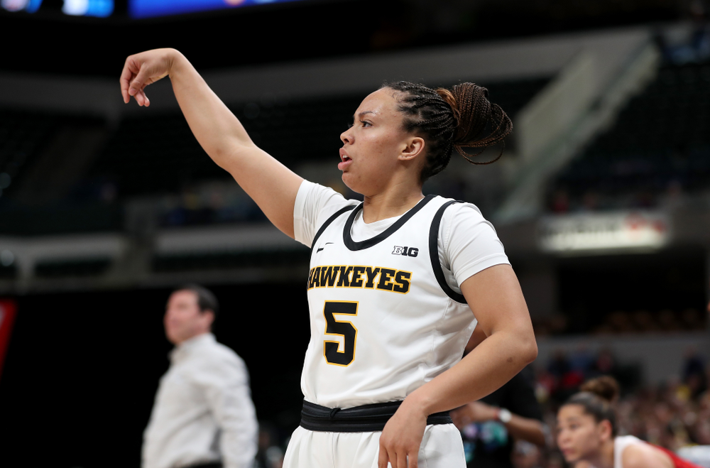 Iowa Hawkeyes guard Alexis Sevillian (5) against Ohio State in the quarterfinals of the Big Ten Basketball Tournament Friday, March 6, 2020 at Bankers Life Fieldhouse in Indianapolis. (Brian Ray/hawkeyesports.com)