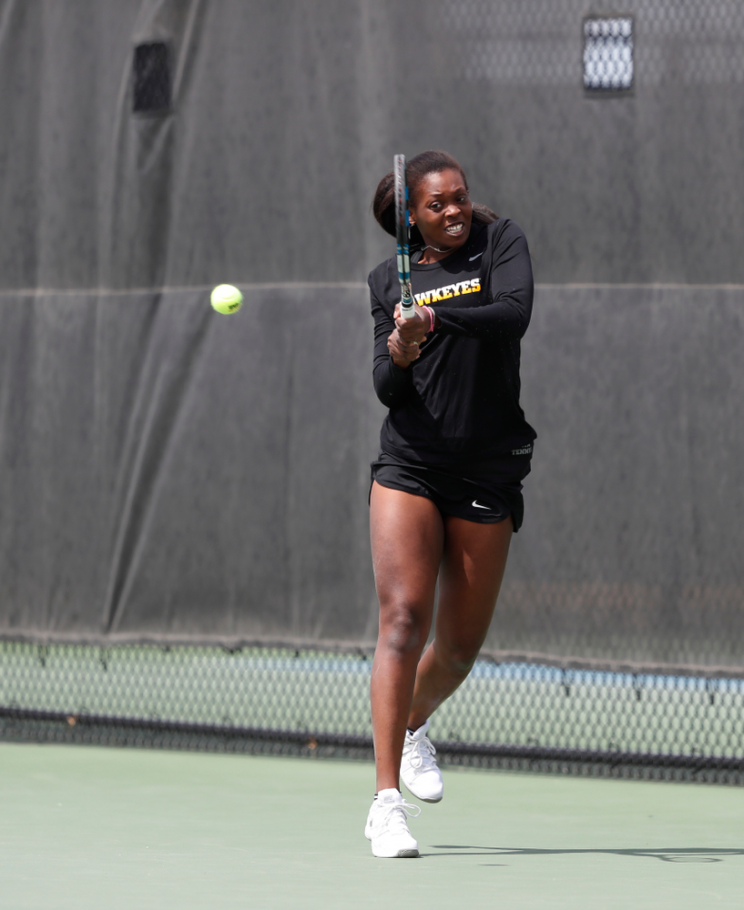 Iowa's Adorabol Huckleby against the Wisconsin Badgers Sunday, April 22, 2018 at the Hawkeye Tennis and Recreation Center. (Brian Ray/hawkeyesports.com)