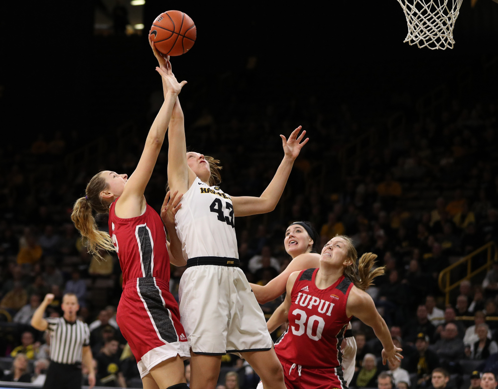 Iowa Hawkeyes forward Amanda Ollinger (43) against the IUPUI Jaguars Saturday, December 8, 2018 at Carver-Hawkeye Arena. (Brian Ray/hawkeyesports.com)