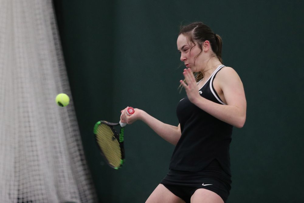 Iowa's Samantha Mannix and Elise Van Heuvelen Treadwell play a doubles match against the Penn State Nittany Lions Sunday, February 24, 2019 at the Hawkeye Tennis and Recreation Complex. (Brian Ray/hawkeyesports.com)