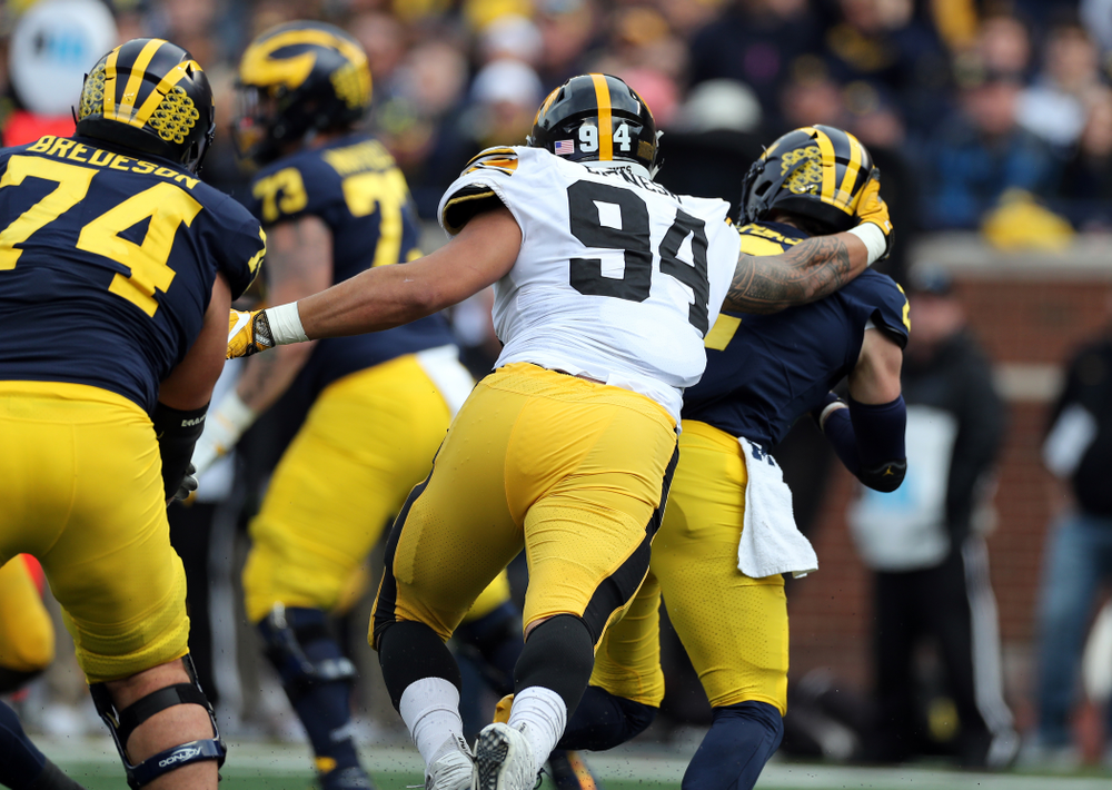 Iowa Hawkeyes defensive end A.J. Epenesa (94) against the Michigan Wolverines Saturday, October 5, 2019 at Michigan Stadium in Ann Arbor, MI. (Brian Ray/hawkeyesports.com)