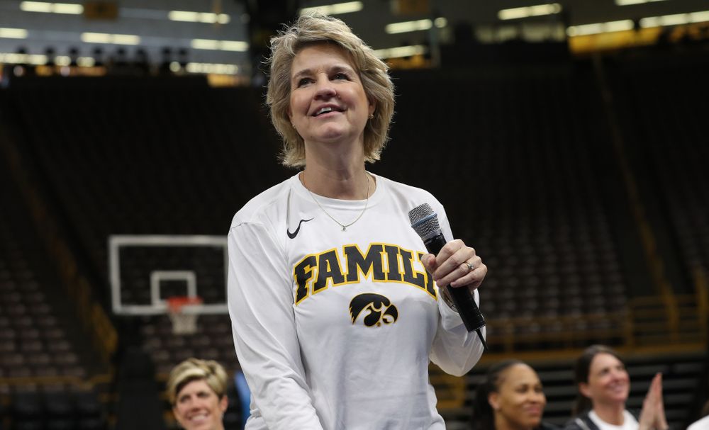 Iowa Hawkeyes head coach Lisa Bluder during a celebration of their Big Ten Women's Basketball Tournament championship Monday, March 18, 2019 at Carver-Hawkeye Arena. (Brian Ray/hawkeyesports.com)