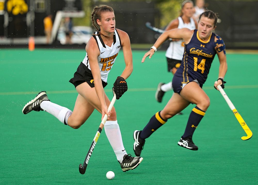 Iowa’s Esme Gibson (15) moves with the ball during the second quarter of their game at Grant Field in Iowa City on Friday, Sep 13, 2019. (Stephen Mally/hawkeyesports.com)