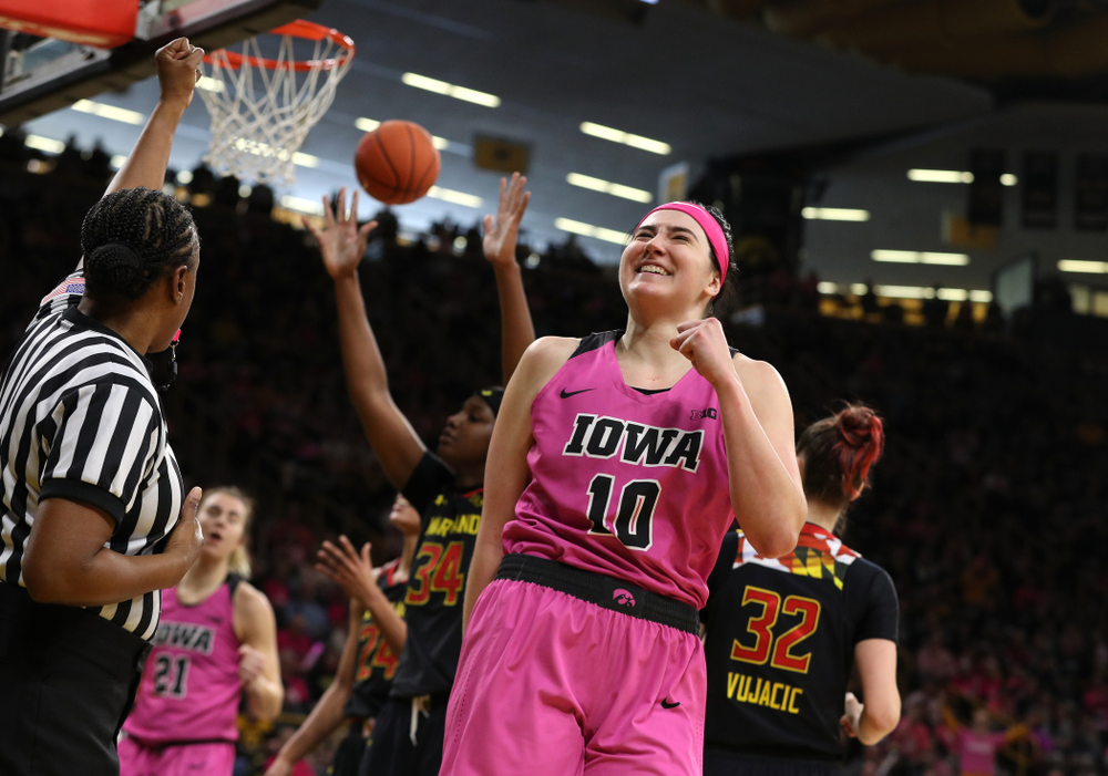 Iowa Hawkeyes forward Megan Gustafson (10) against the seventh ranked Maryland Terrapins Sunday, February 17, 2019 at Carver-Hawkeye Arena. (Brian Ray/hawkeyesports.com)