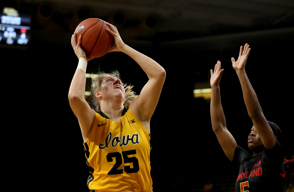 Iowa Hawkeyes forward/center Monika Czinano (25) against the Maryland Terrapins Thursday, January 9, 2020 at Carver-Hawkeye Arena. (Brian Ray/hawkeyesports.com)