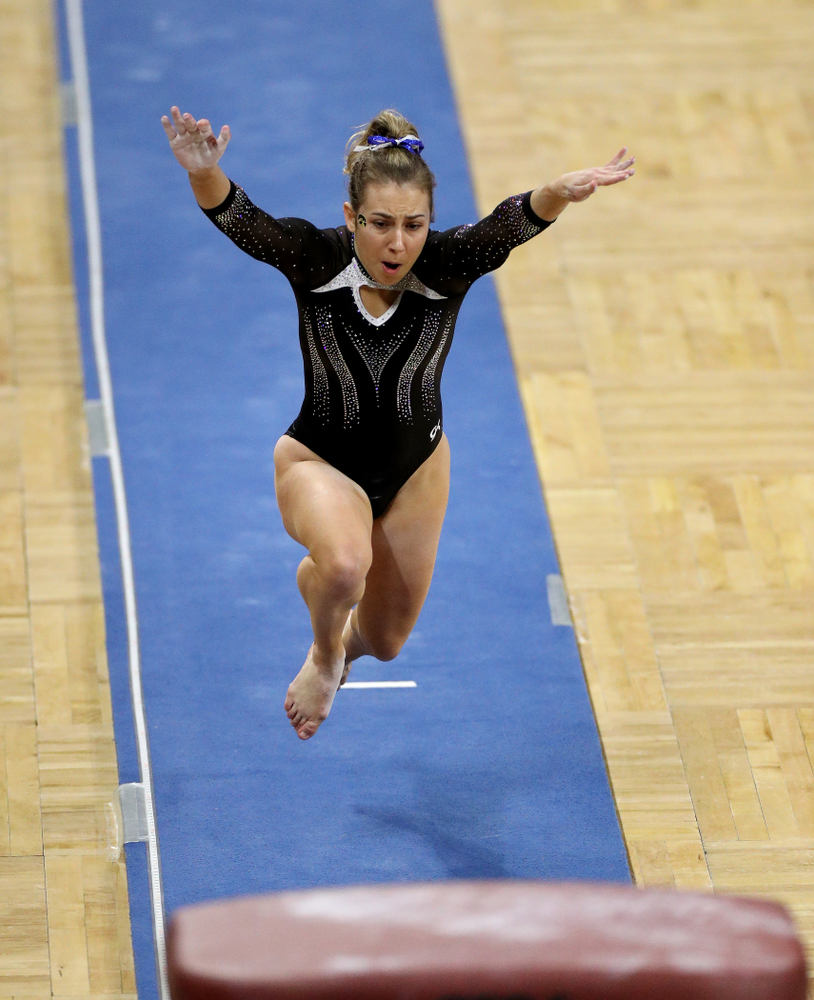 Iowa’s Alex Greenwald competes on the vault against Michigan State Saturday, February 1, 2020 at Carver-Hawkeye Arena. (Brian Ray/hawkeyesports.com)
