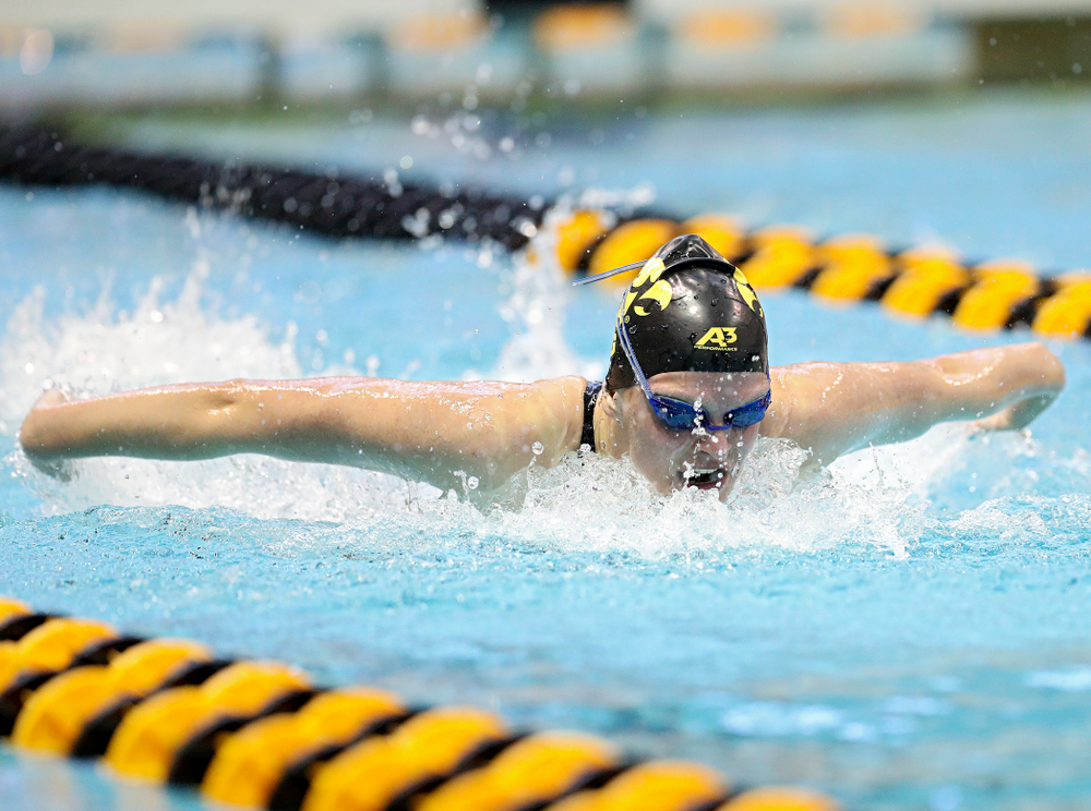 Iowa’s Sarah Schemmel swims the women’s 100 yard butterfly preliminary event during the 2020 Women’s Big Ten Swimming and Diving Championships at the Campus Recreation and Wellness Center in Iowa City on Friday, February 21, 2020. (Stephen Mally/hawkeyesports.com)