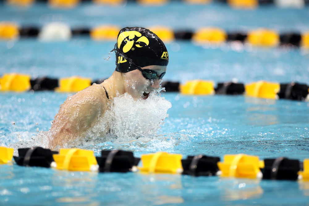 IowaÕs Aleksandra Olesiak swims the 100 yard breaststroke against the Michigan Wolverines Friday, November 1, 2019 at the Campus Recreation and Wellness Center. (Brian Ray/hawkeyesports.com)