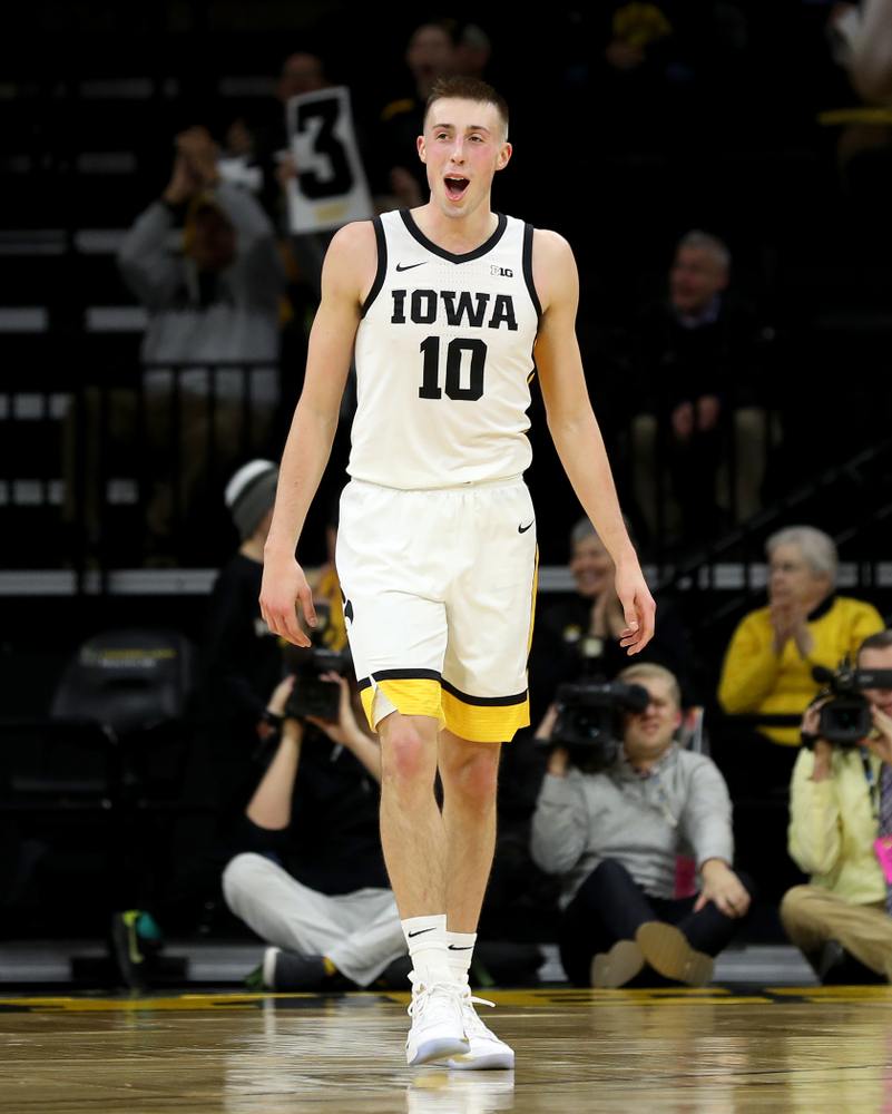 Iowa Hawkeyes guard Joe Wieskamp (10) celebrates a three point basket against the Maryland Terrapins Friday, January 10, 2020 at Carver-Hawkeye Arena. (Brian Ray/hawkeyesports.com)