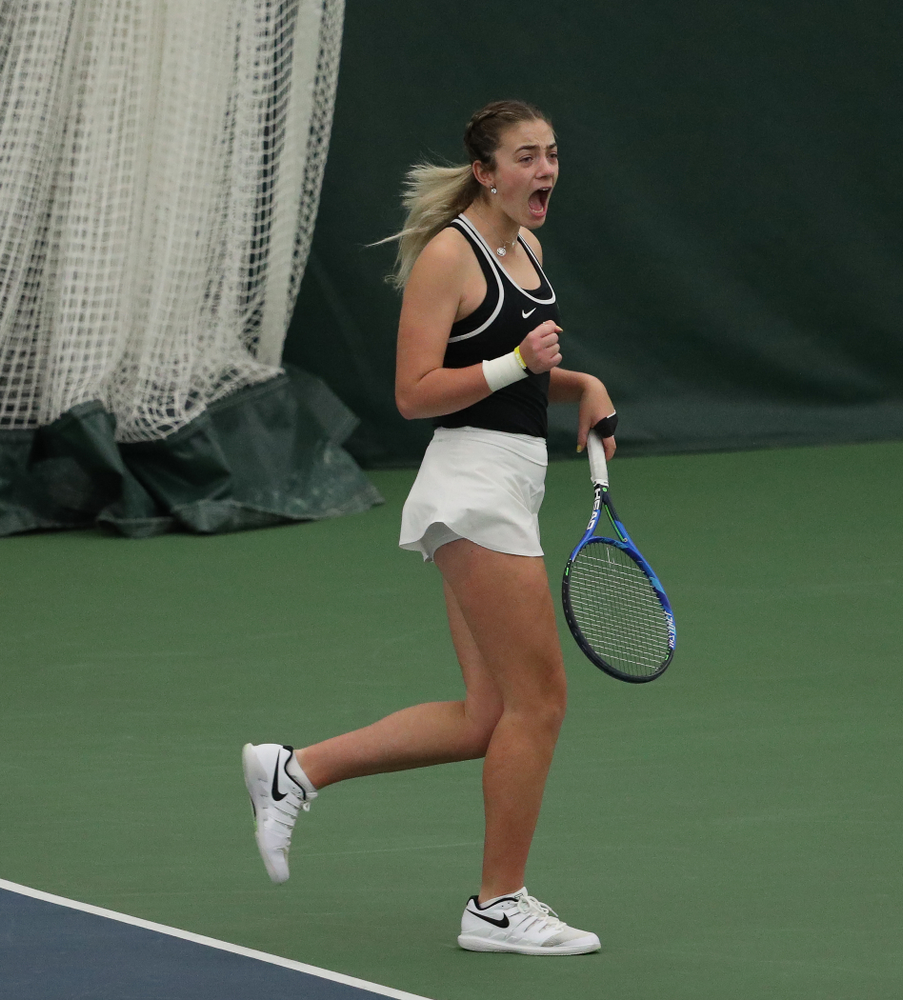 Iowa's Sophie Clark during a doubles match against North Texas Sunday, January 20, 2019 at the Hawkeye Tennis and Recreation Center. (Brian Ray/hawkeyesports.com)