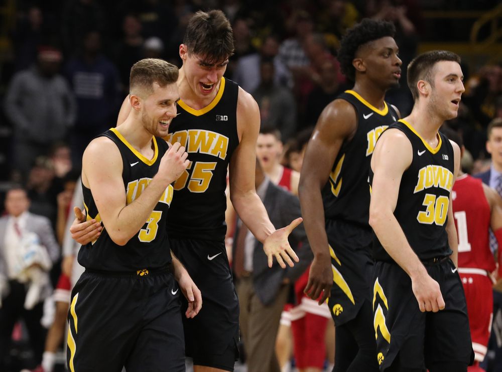 Iowa Hawkeyes guard Jordan Bohannon (3) and forward Luka Garza (55) against the Indiana Hoosiers Friday, February 22, 2019 at Carver-Hawkeye Arena. (Brian Ray/hawkeyesports.com)