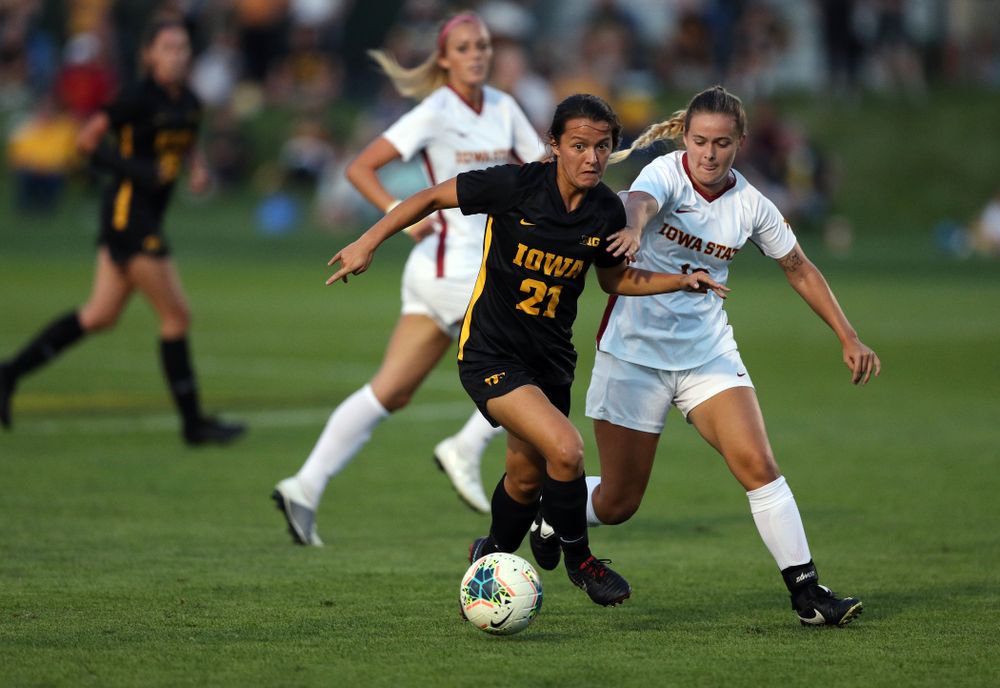 Iowa Hawkeyes forward Emma Tokuyama (21) during a 2-1 victory over the Iowa State Cyclones Thursday, August 29, 2019 in the Iowa Corn Cy-Hawk series at the Iowa Soccer Complex. (Brian Ray/hawkeyesports.com)
