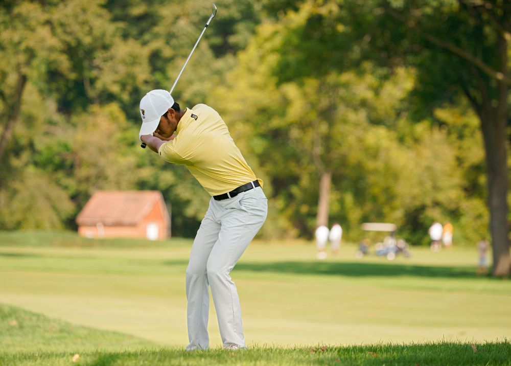 Iowa’s Joe Kim drives a shot during the third day of the Golfweek Conference Challenge at the Cedar Rapids Country Club in Cedar Rapids on Tuesday, Sep 17, 2019. (Stephen Mally/hawkeyesports.com)