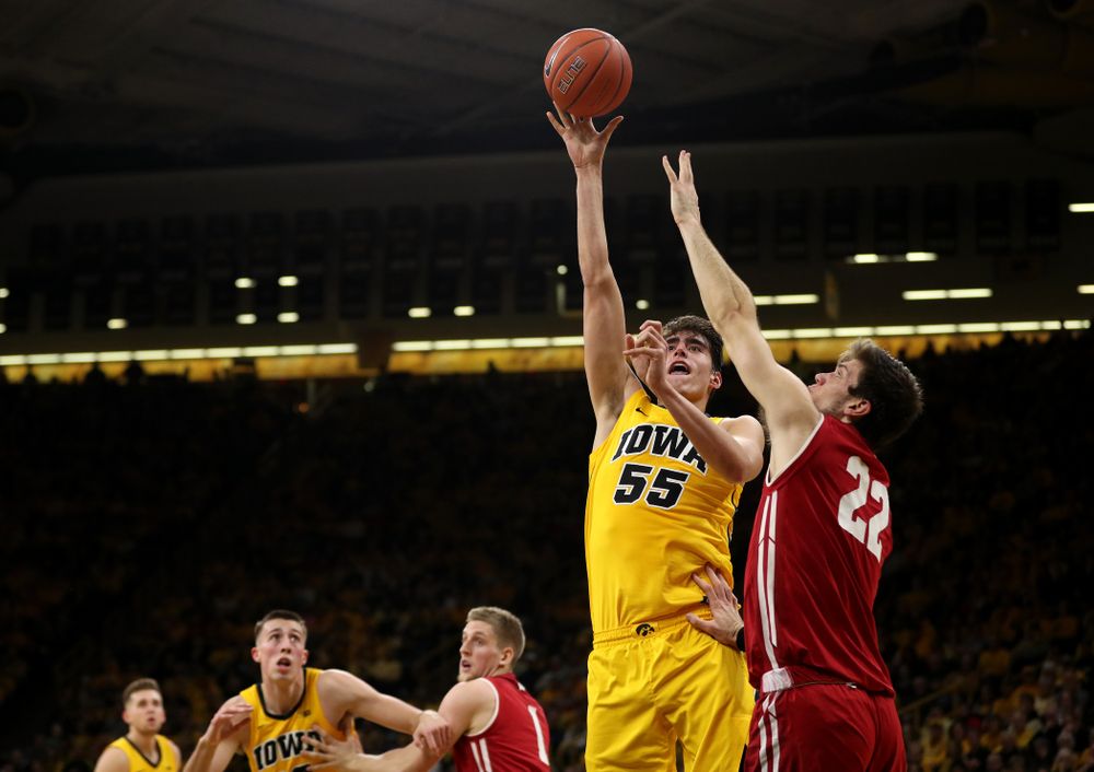 Iowa Hawkeyes forward Luka Garza (55) against the Wisconsin Badgers Friday, November 30, 2018 at Carver-Hawkeye Arena. (Brian Ray/hawkeyesports.com)