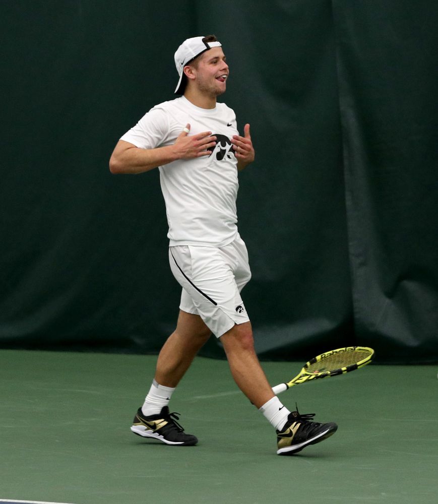 Iowa’s Will Davies against Cornell Sunday, March 8, 2020 at the Hawkeye Tennis and Recreation Center. (Brian Ray/hawkeyesports.com)
