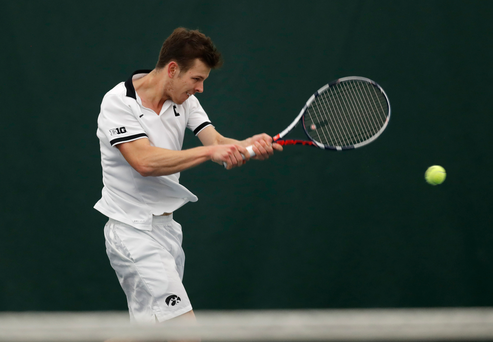 Piotr Smietana against Purdue Sunday, April 15, 2018 at the Hawkeye Tennis and Recreation Center. (Brian Ray/hawkeyesports.com)