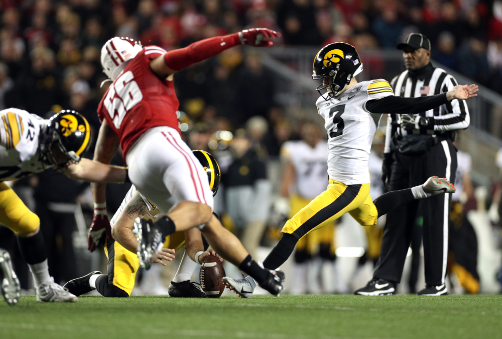 Iowa Hawkeyes place kicker Keith Duncan (3) against the Wisconsin Badgers Saturday, November 9, 2019 at Camp Randall Stadium in Madison, Wisc. (Brian Ray/hawkeyesports.com)