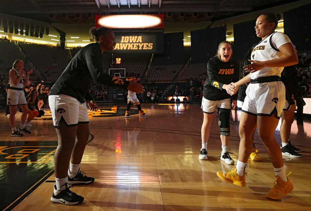 Iowa guard Alexis Sevillian (5) is introduced before their overtime win against Princeton at Carver-Hawkeye Arena in Iowa City on Wednesday, Nov 20, 2019. (Stephen Mally/hawkeyesports.com)
