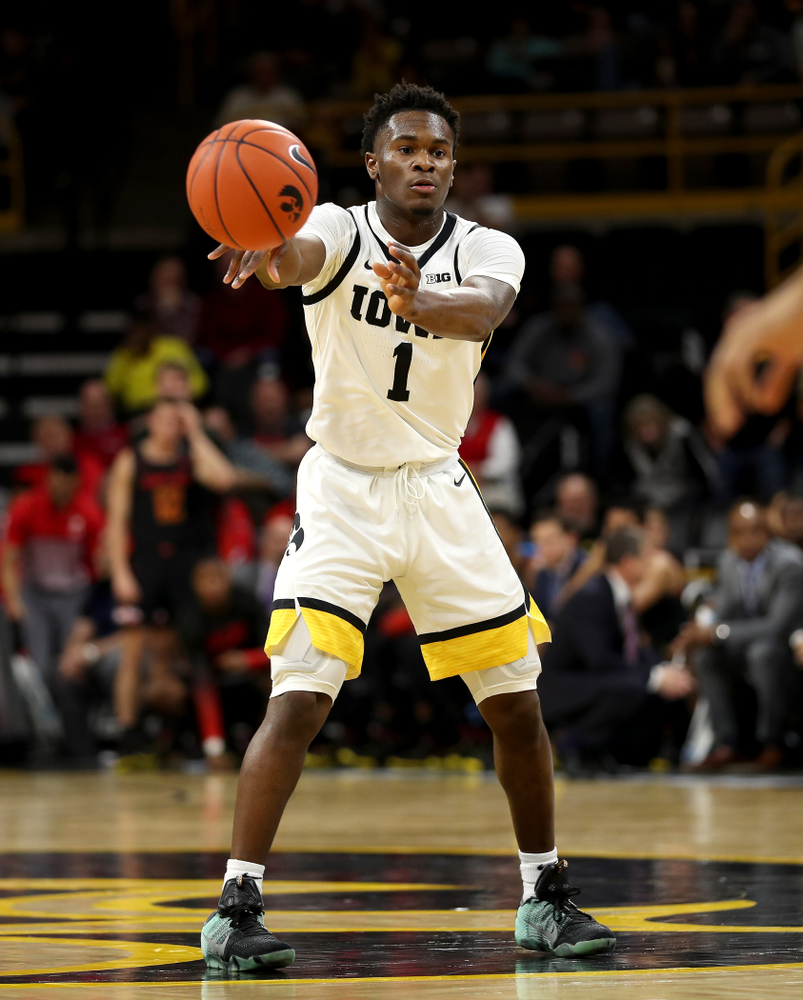 Iowa Hawkeyes guard Joe Toussaint (1) against the Maryland Terrapins Friday, January 10, 2020 at Carver-Hawkeye Arena. (Brian Ray/hawkeyesports.com)