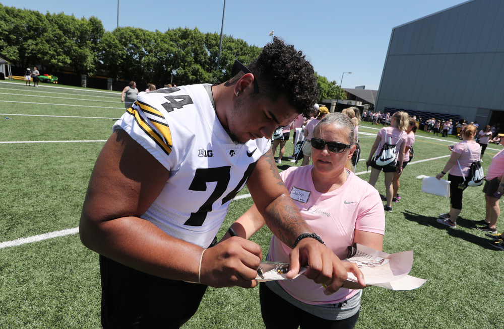 Iowa Hawkeyes offensive lineman Tristan Wirfs (74) during the 2019 Iowa Ladies Football Academy Saturday, June 8, 2019 at the Hansen Football Performance Center. (Brian Ray/hawkeyesports.com)